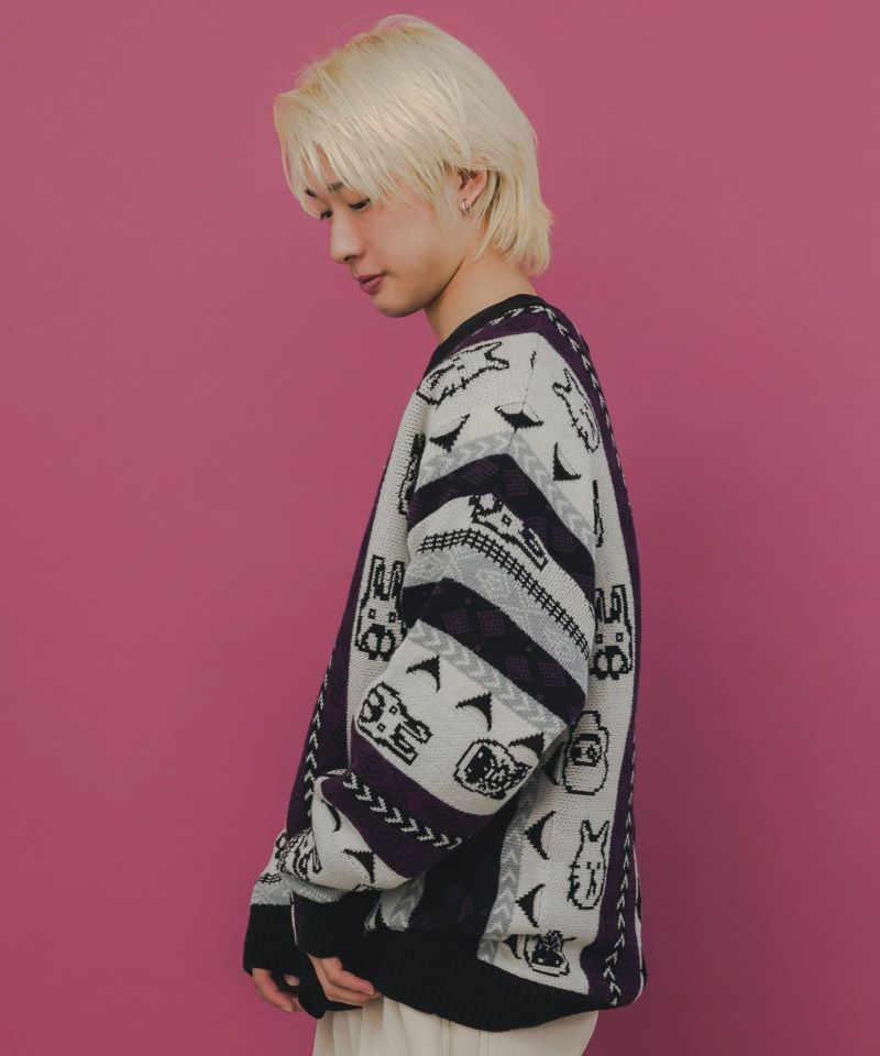 落書き調Parityキャラジャガード3Dニットカーディガン-4