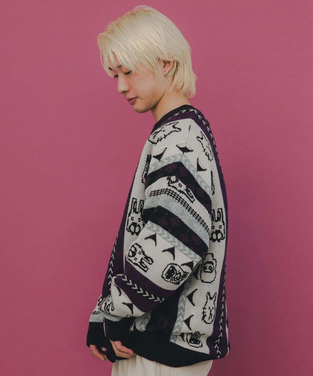 落書き調Parityキャラジャガード3Dニットカーディガン-4