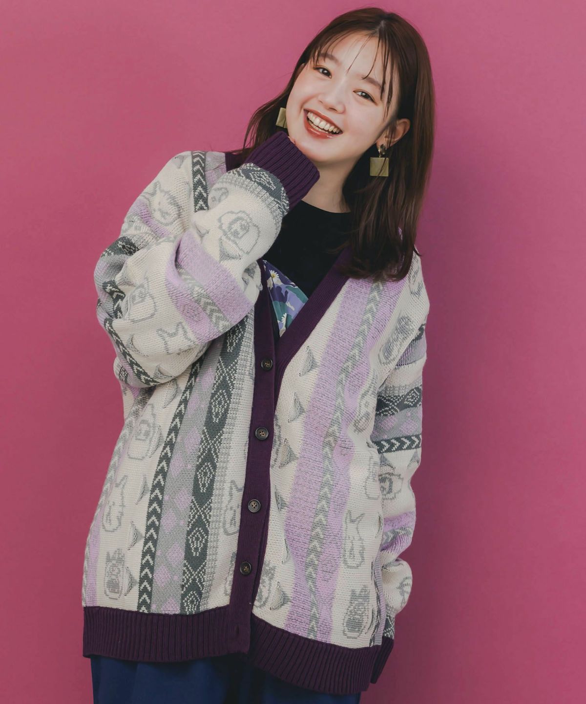 落書き調Parityキャラジャガード3Dニットカーディガン-7