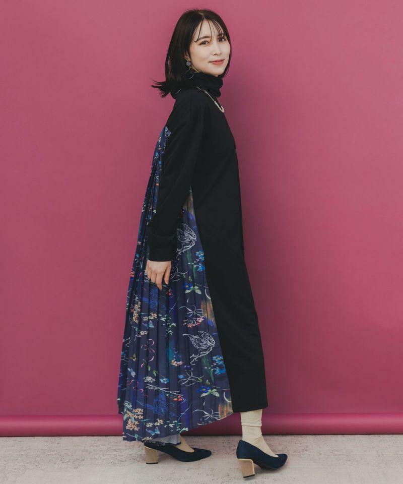 花柄素材切替タートルネックワンピース-1