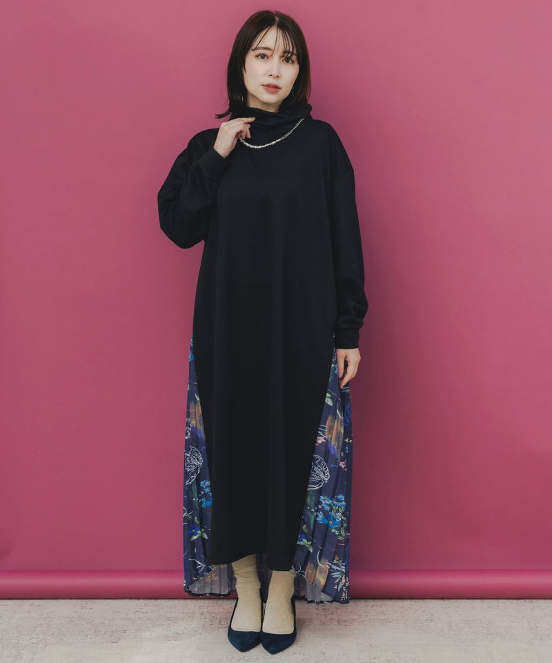 花柄素材切替タートルネックワンピース-2