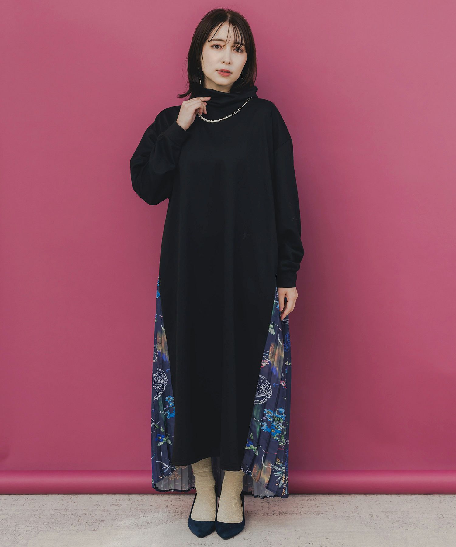 花柄素材切替タートルネックワンピース-2