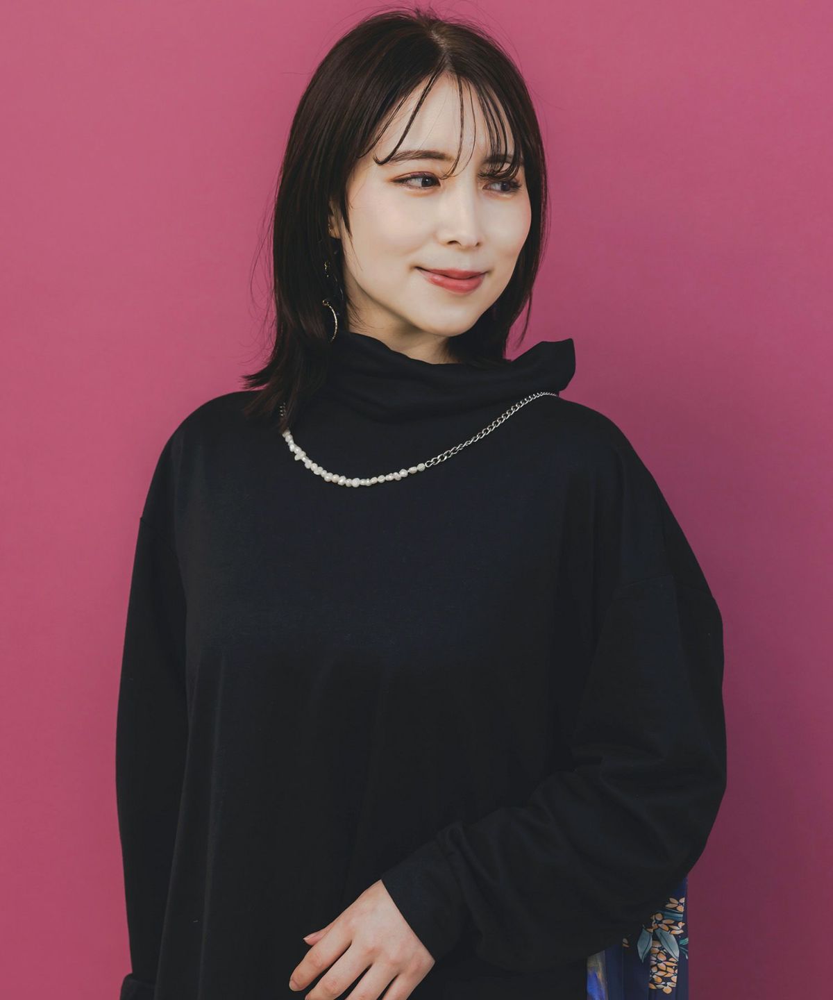 花柄素材切替タートルネックワンピース-3