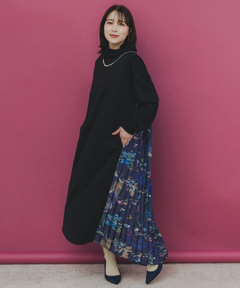 花柄素材切替タートルネックワンピース-4