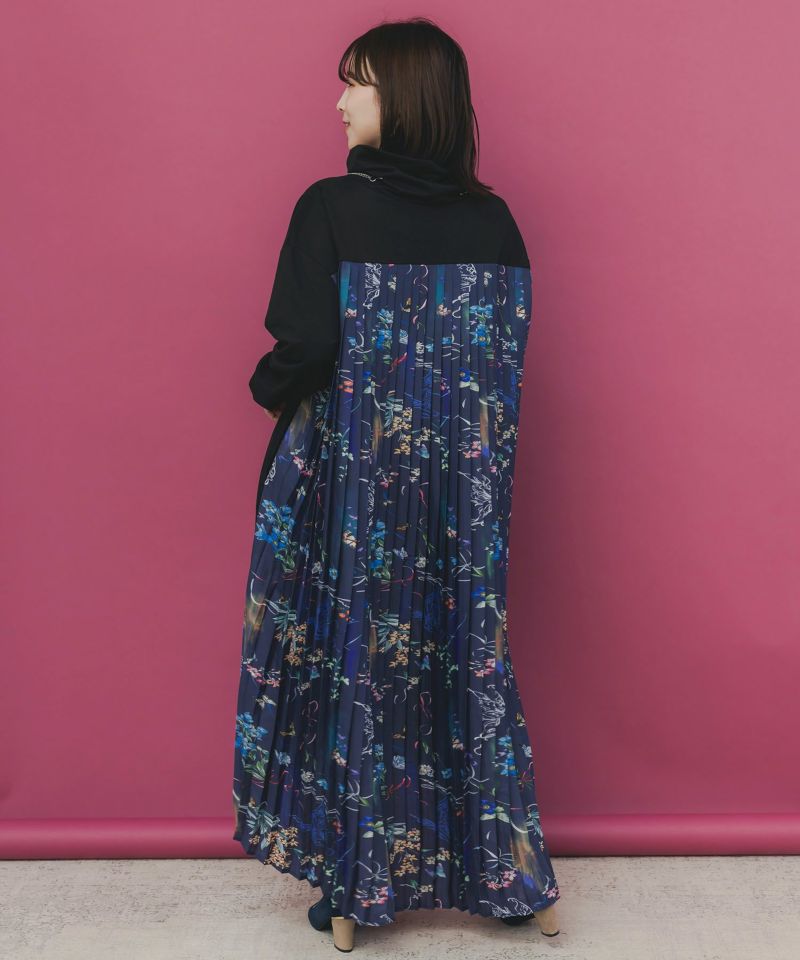 花柄素材切替タートルネックワンピース-5