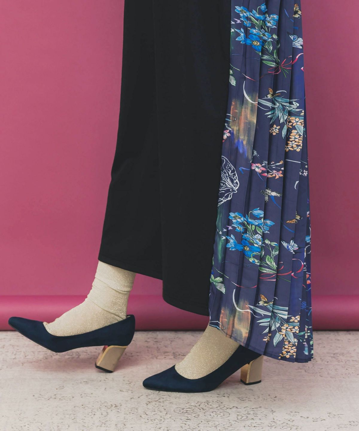 花柄素材切替タートルネックワンピース-7