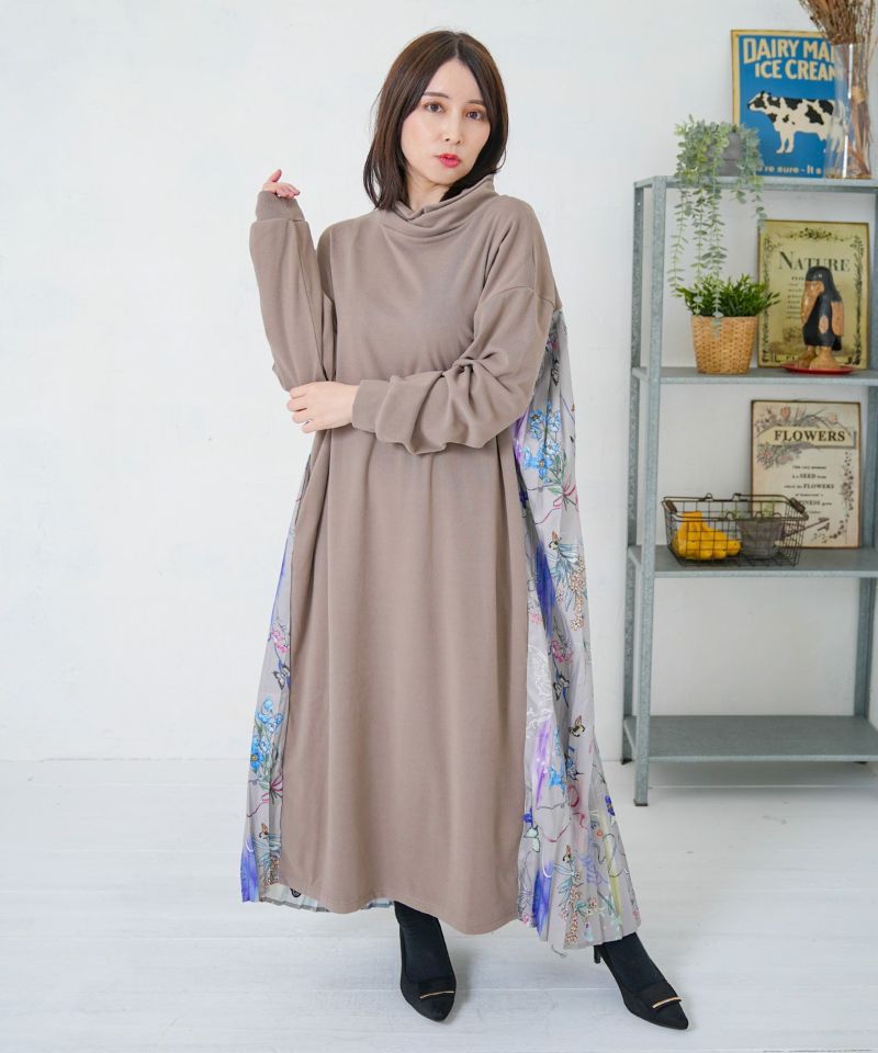 花柄素材切替タートルネックワンピース-9