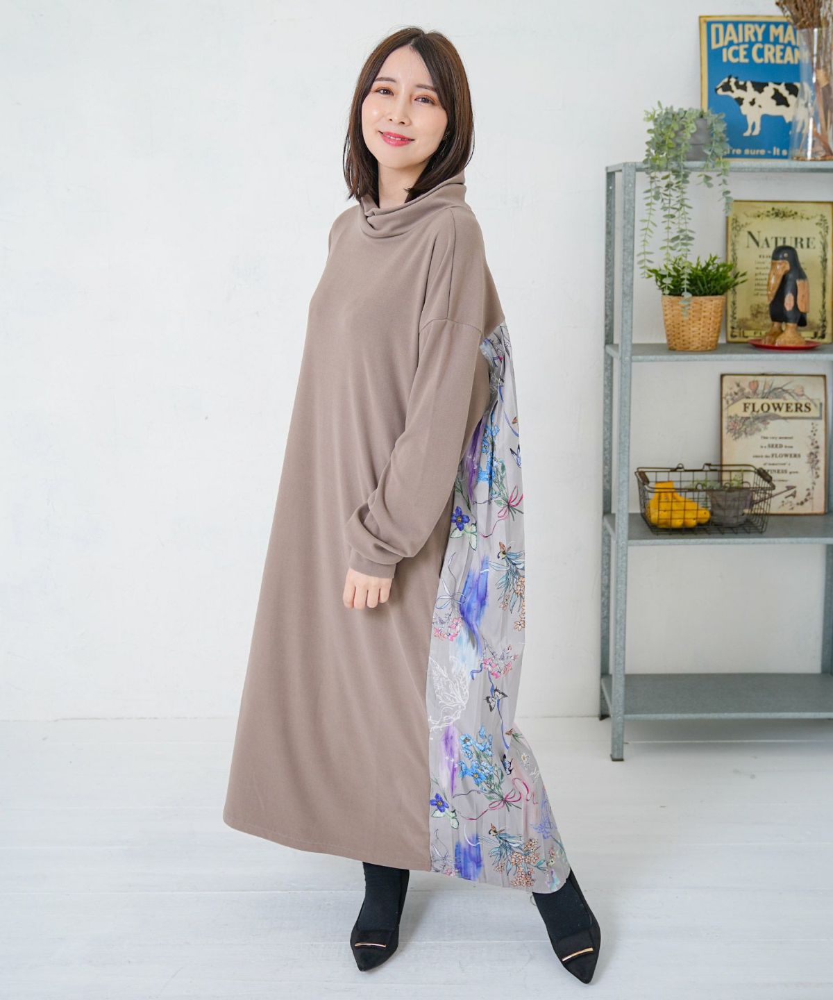 花柄素材切替タートルネックワンピース-10