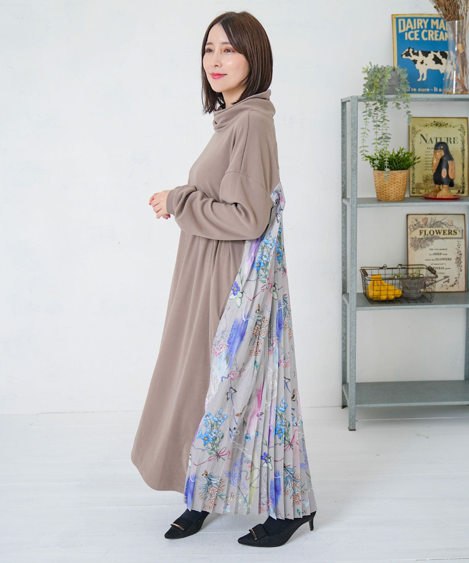 花柄素材切替タートルネックワンピース-11