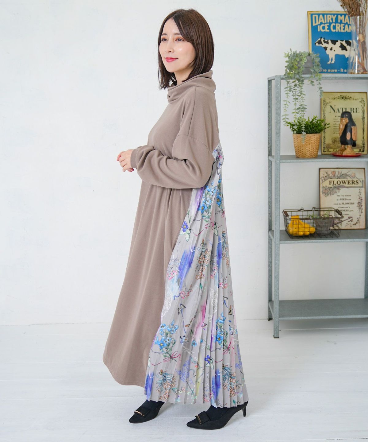 花柄素材切替タートルネックワンピース-11