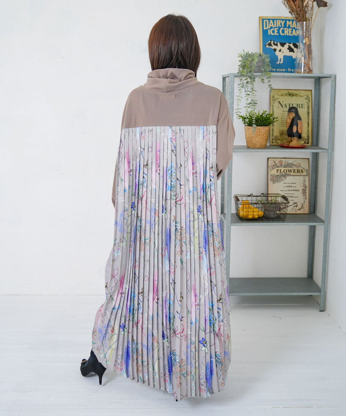 花柄素材切替タートルネックワンピース-13