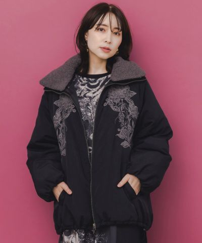 553272：ボア襟取り外し可能 花刺繍中綿ブルゾンの通販-ScoLar