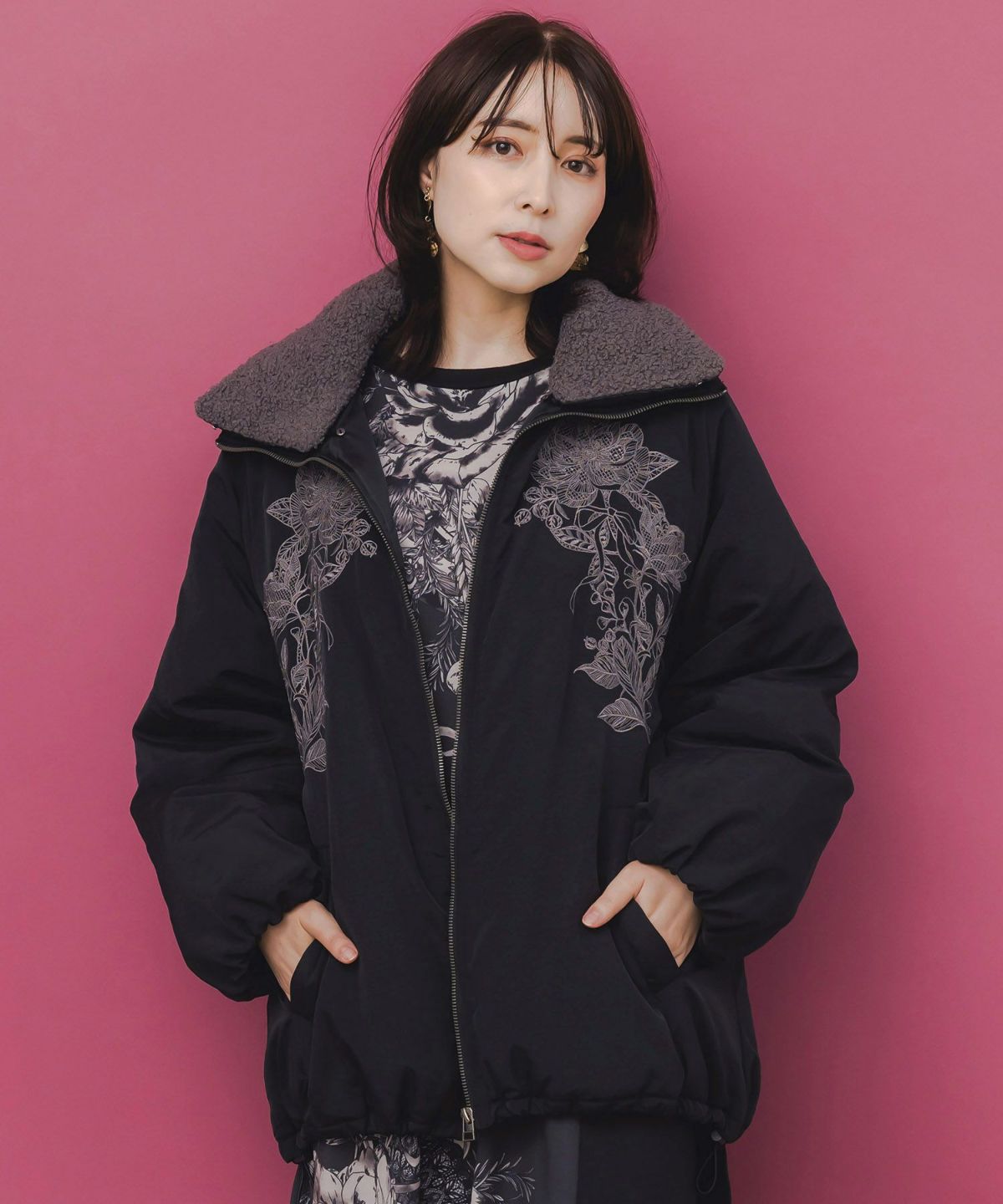 ボア襟取り外し可能 花刺繍中綿ブルゾン-1