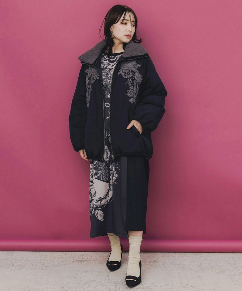 ボア襟取り外し可能 花刺繍中綿ブルゾン-2