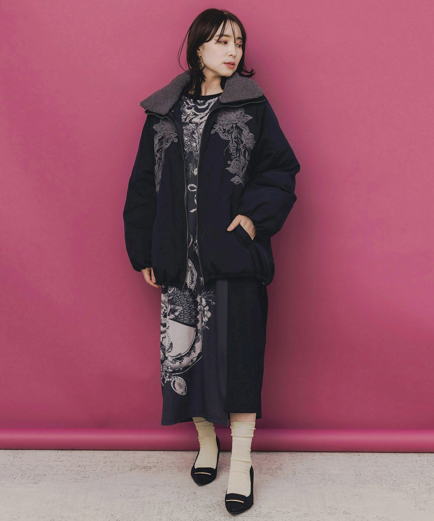 ボア襟取り外し可能 花刺繍中綿ブルゾン-2