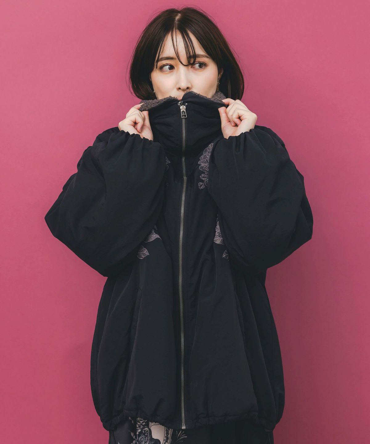 ボア襟取り外し可能 花刺繍中綿ブルゾン-3