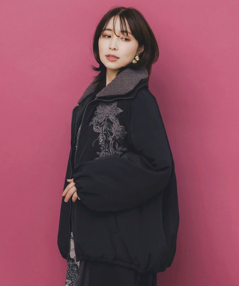 ボア襟取り外し可能 花刺繍中綿ブルゾン-4