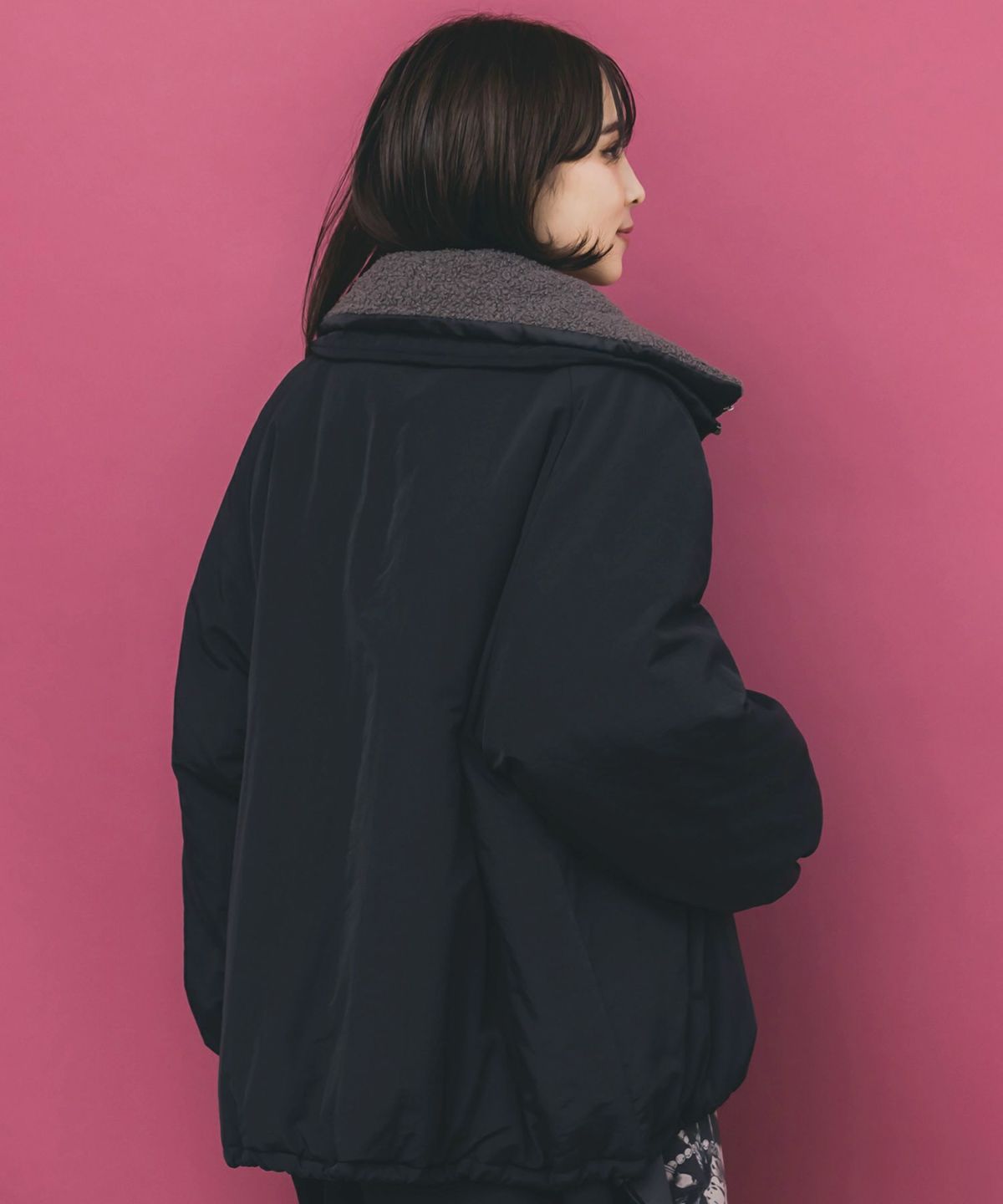 ボア襟取り外し可能 花刺繍中綿ブルゾン-5