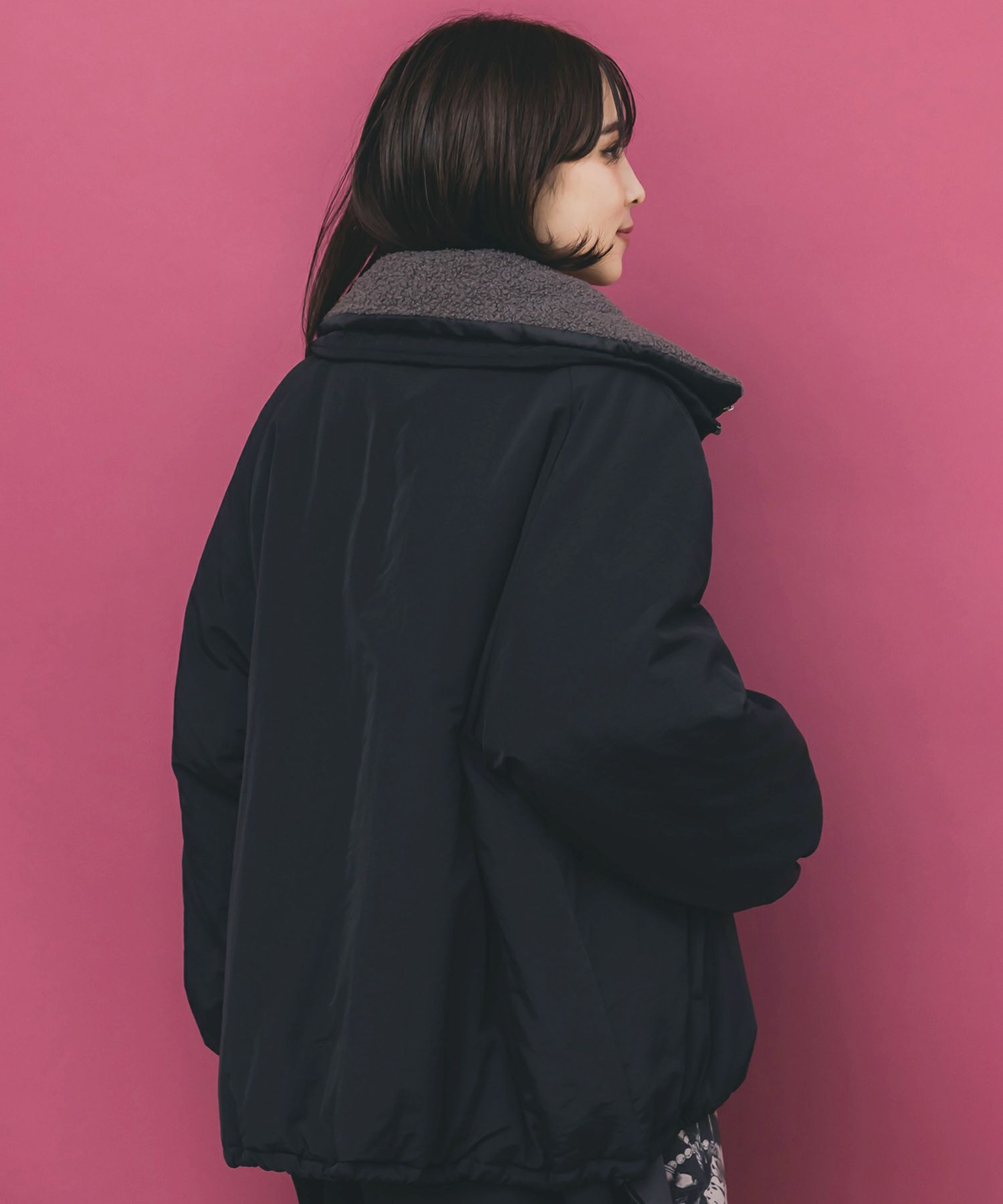 ボア襟取り外し可能 花刺繍中綿ブルゾン-5