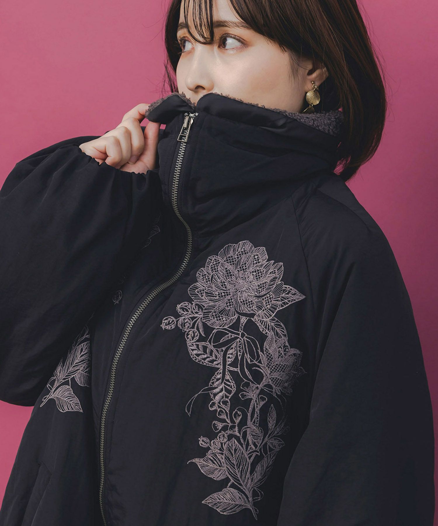 ボア襟取り外し可能 花刺繍中綿ブルゾン-6