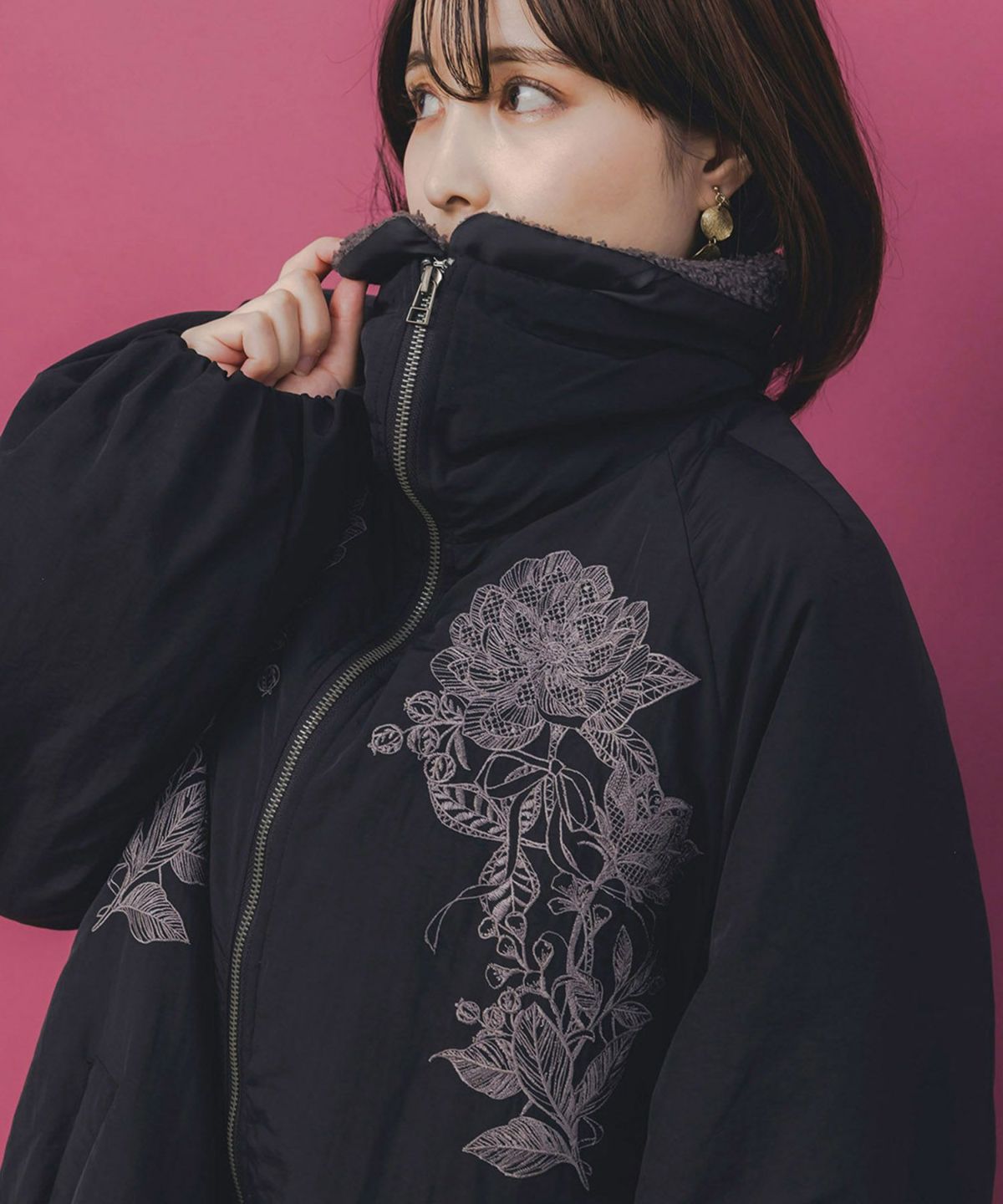 ボア襟取り外し可能 花刺繍中綿ブルゾン-6