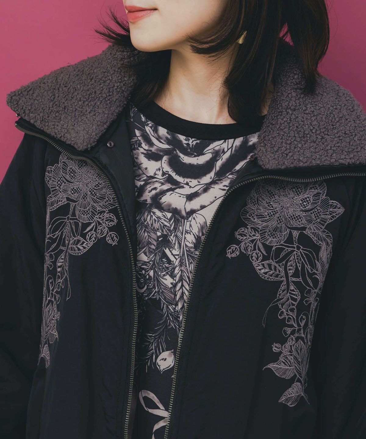 ボア襟取り外し可能 花刺繍中綿ブルゾン-8