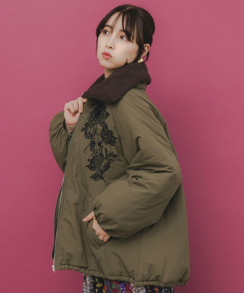 553272：ボア襟取り外し可能 花刺繍中綿ブルゾンの通販-ScoLar