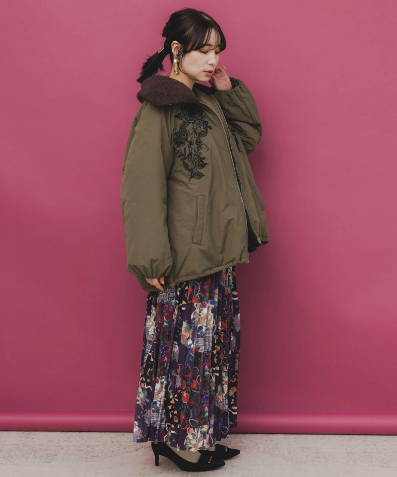 ボア襟取り外し可能 花刺繍中綿ブルゾン-16