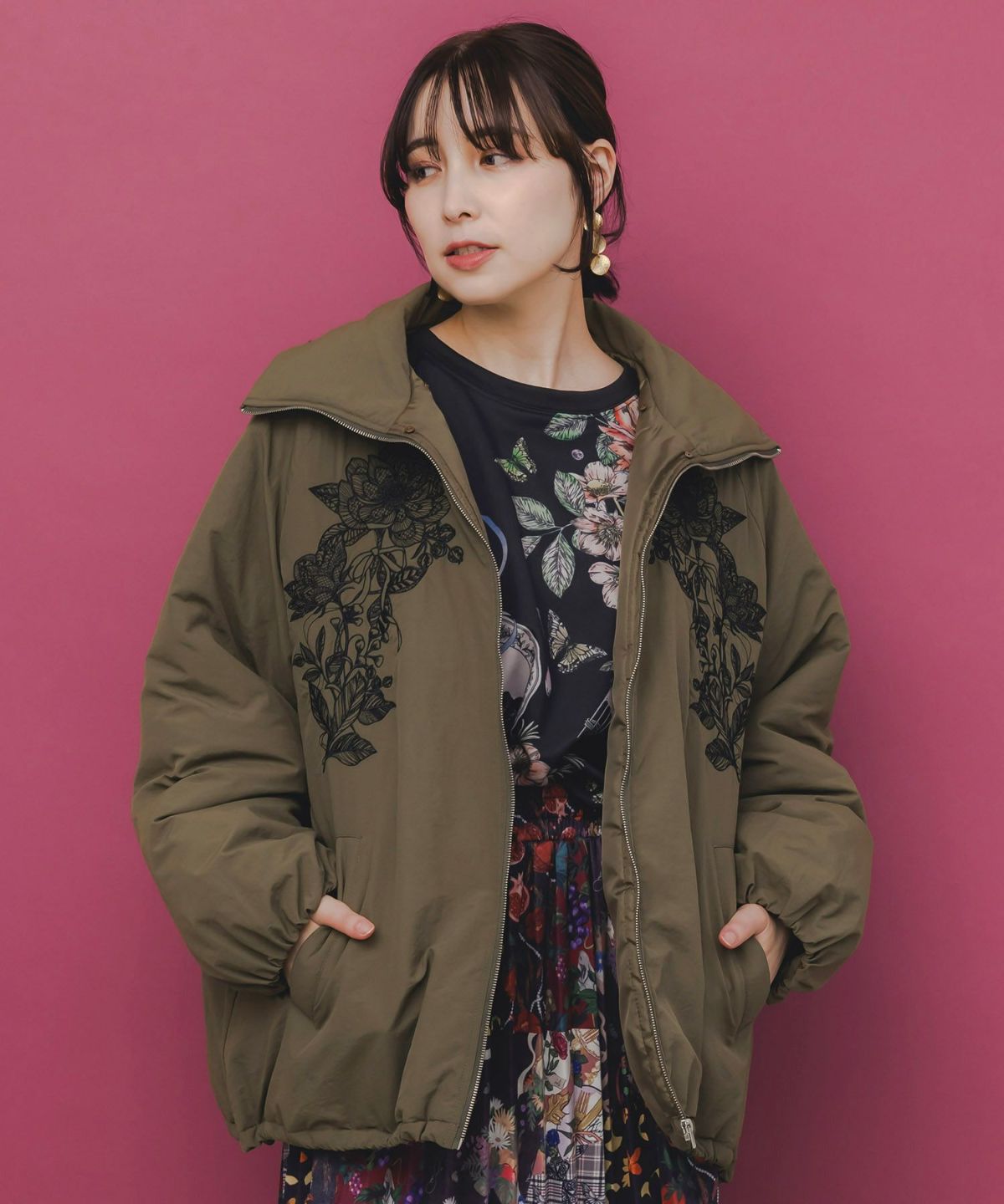 ボア襟取り外し可能 花刺繍中綿ブルゾン-18