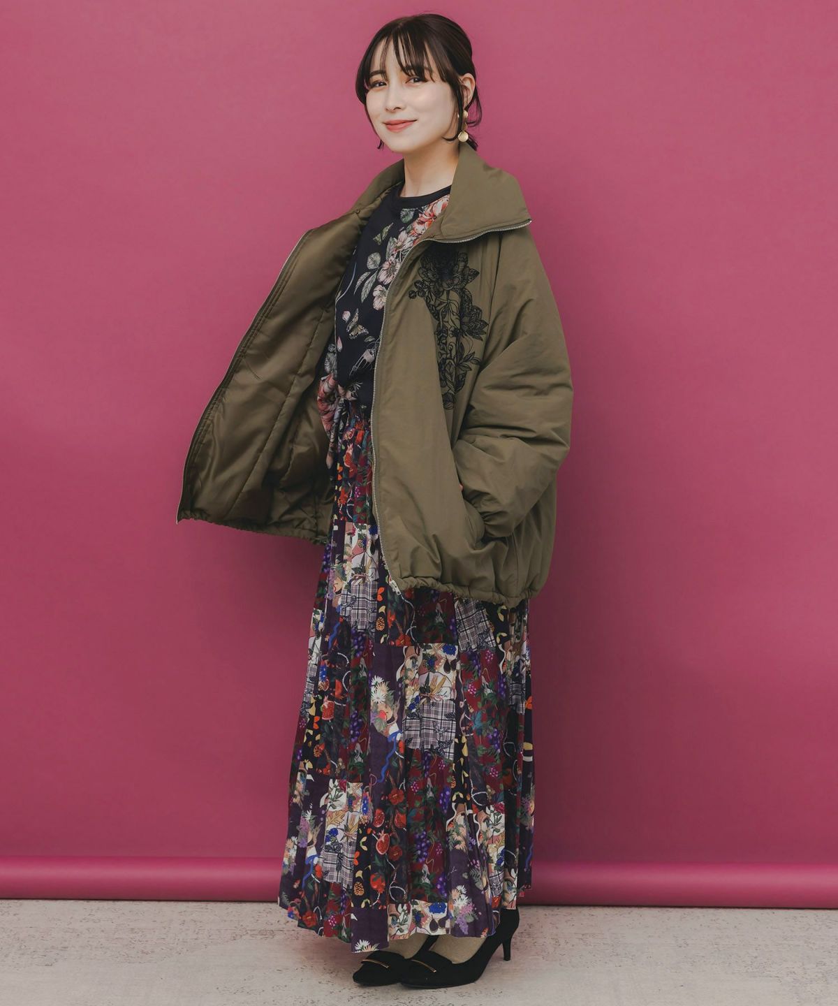 ボア襟取り外し可能 花刺繍中綿ブルゾン-19