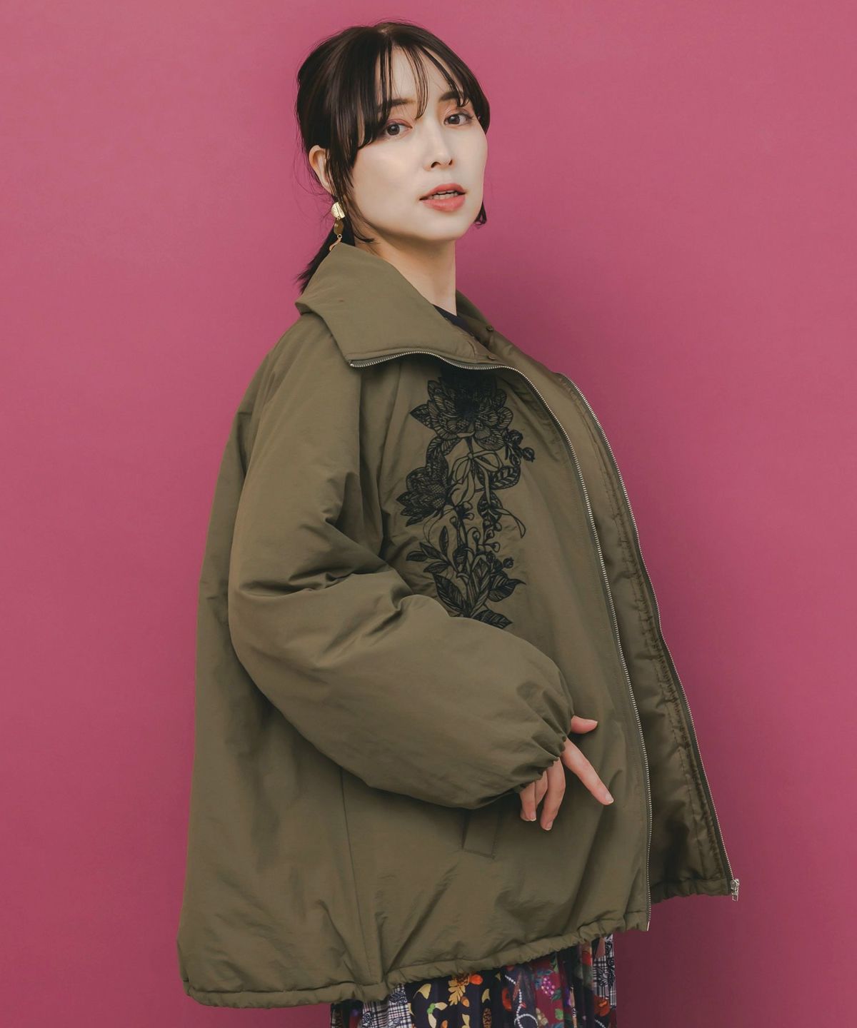 ボア襟取り外し可能 花刺繍中綿ブルゾン-20