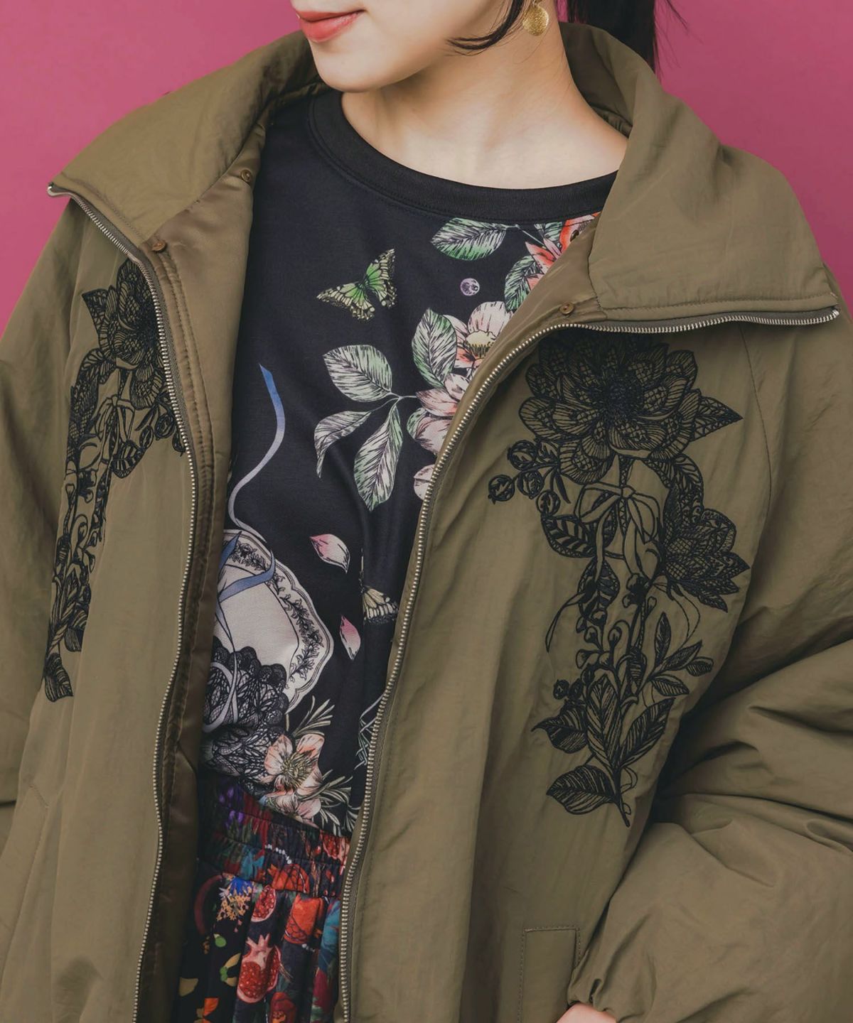 ボア襟取り外し可能 花刺繍中綿ブルゾン-21
