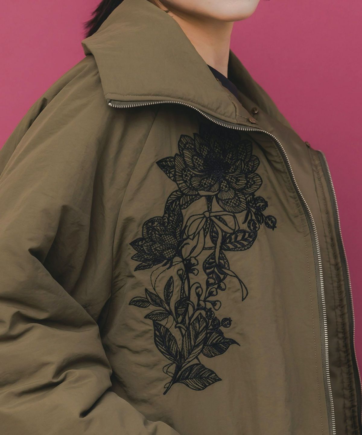 ボア襟取り外し可能 花刺繍中綿ブルゾン-22