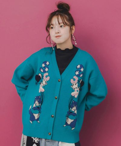 153727：風船ネコちゃんジャガードニットカーディガンの通販-ScoLar