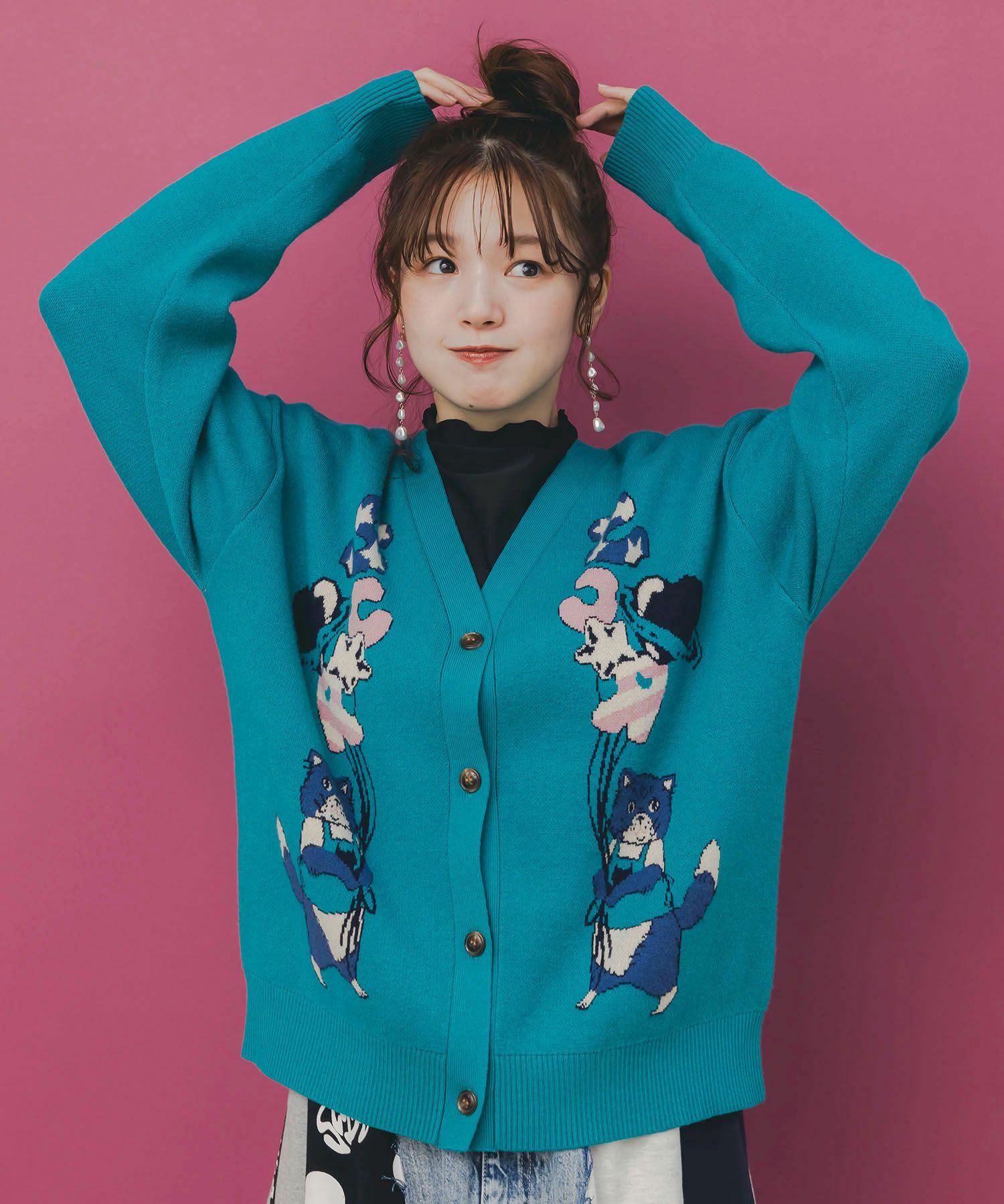 153727：風船ネコちゃんジャガードニットカーディガンの通販-ScoLar