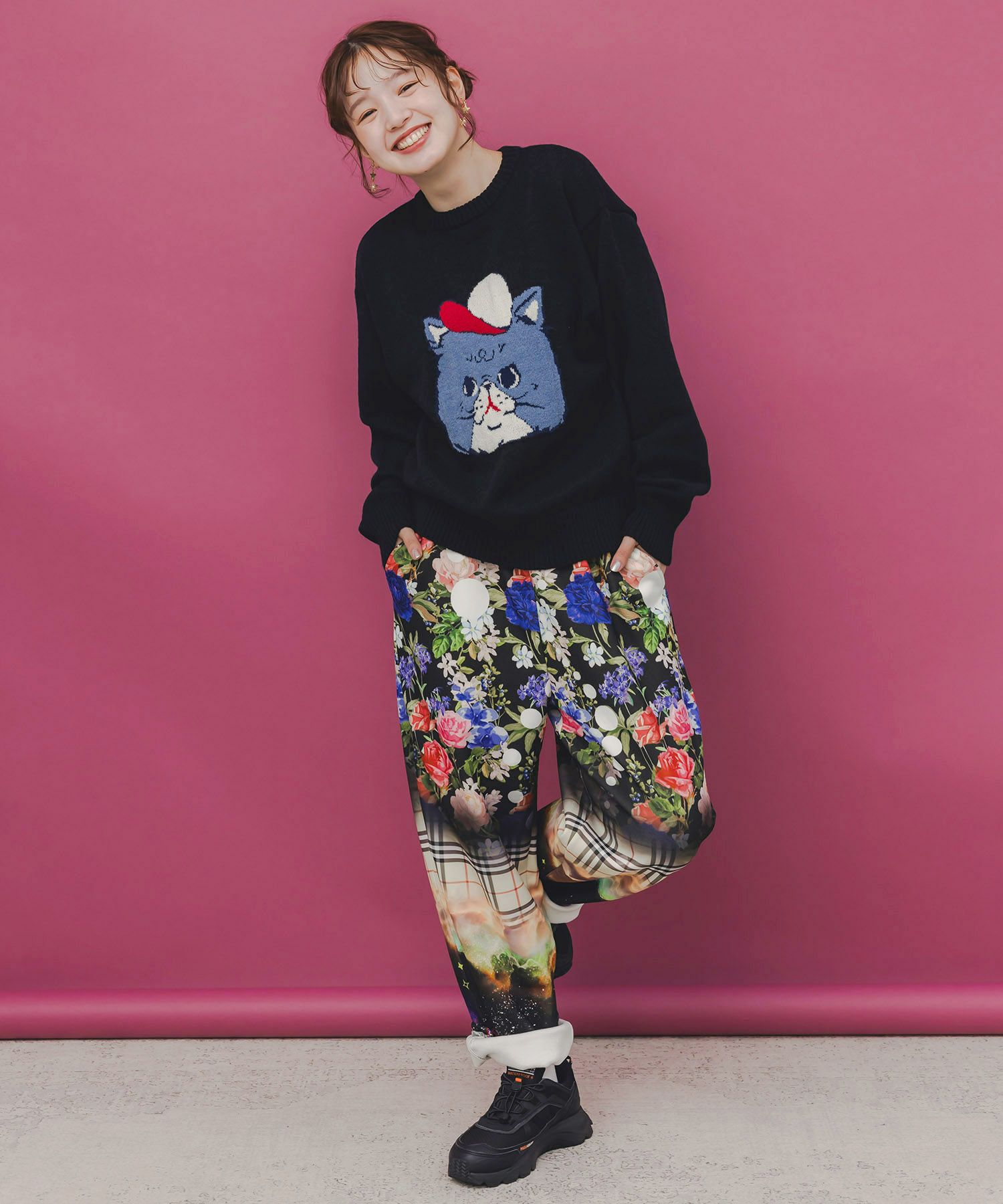 キャップネコ柄ジャガードニットプルオーバー-2