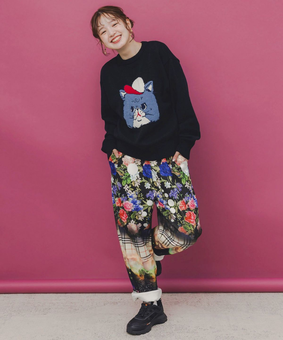 キャップネコ柄ジャガードニットプルオーバー-2