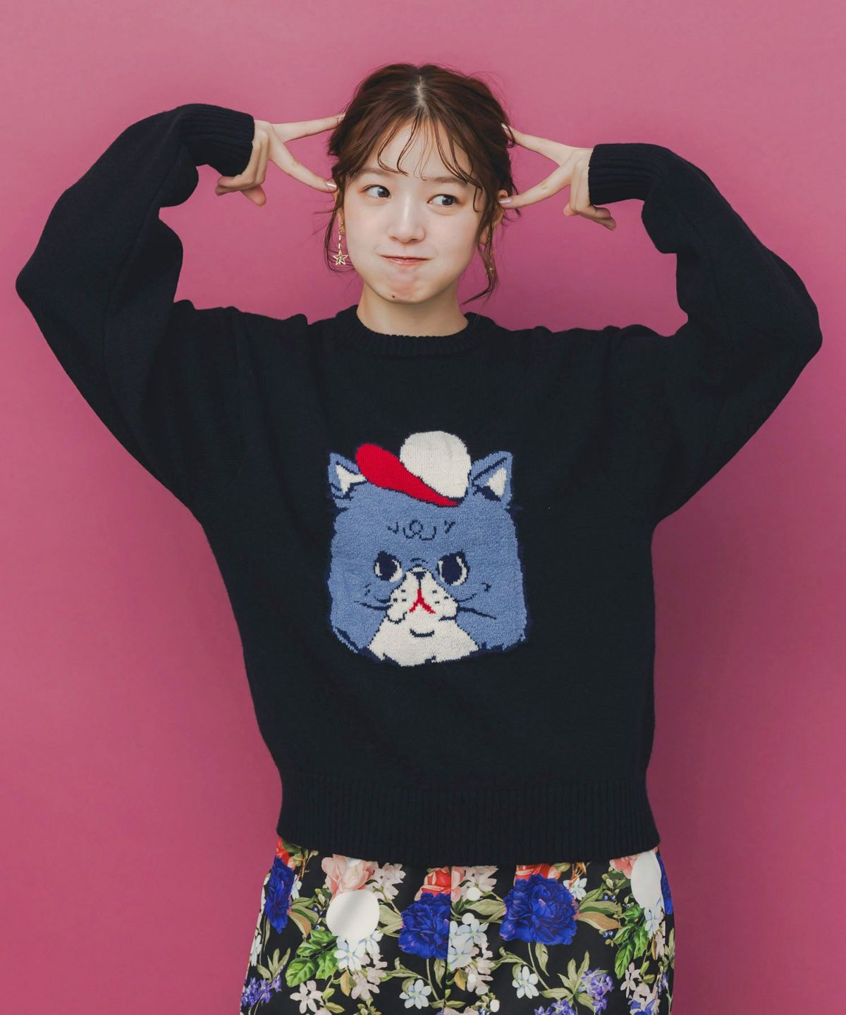 キャップネコ柄ジャガードニットプルオーバー-3