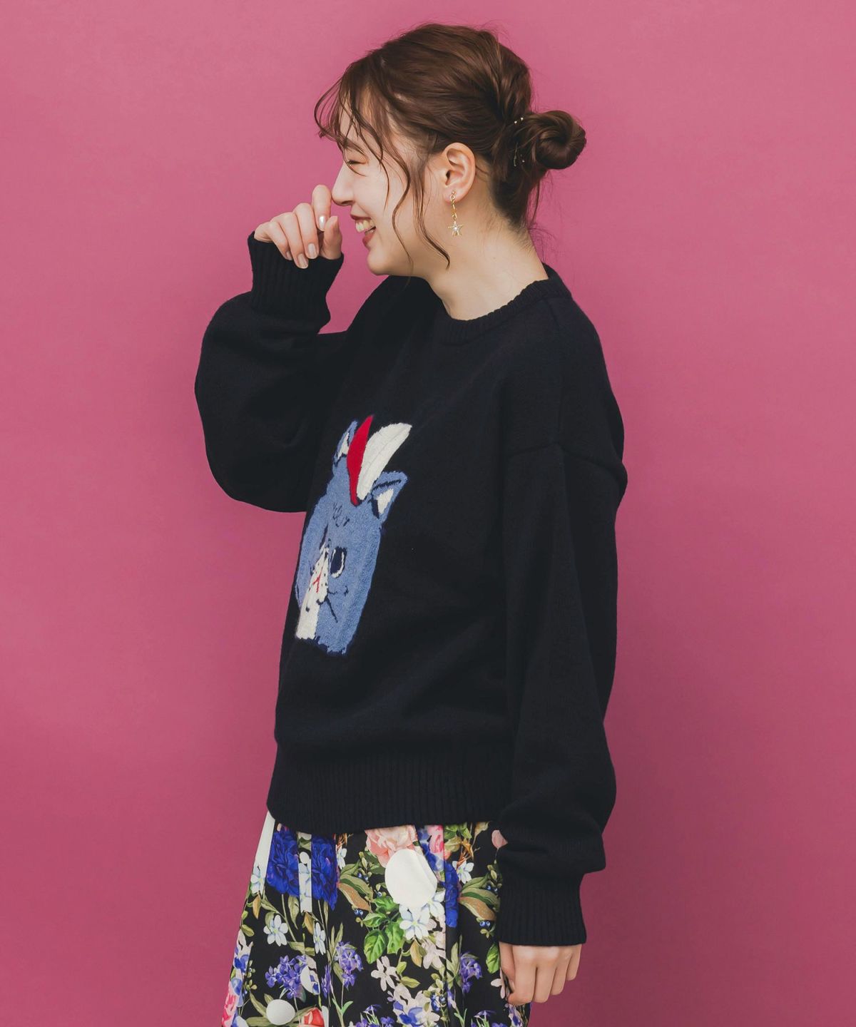 キャップネコ柄ジャガードニットプルオーバー-4