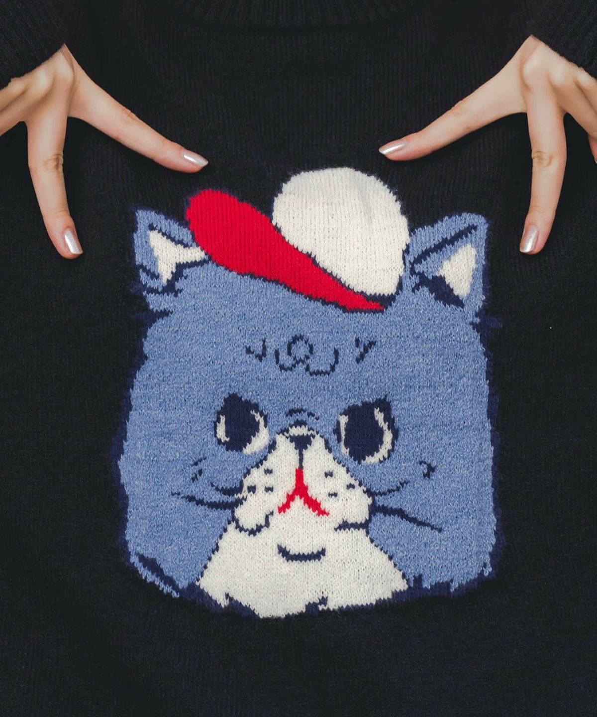 キャップネコ柄ジャガードニットプルオーバー-6