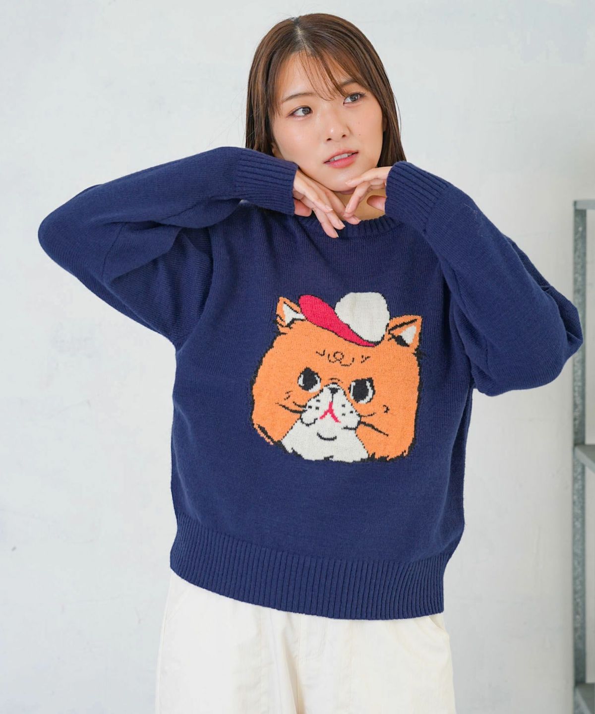 キャップネコ柄ジャガードニットプルオーバー-7