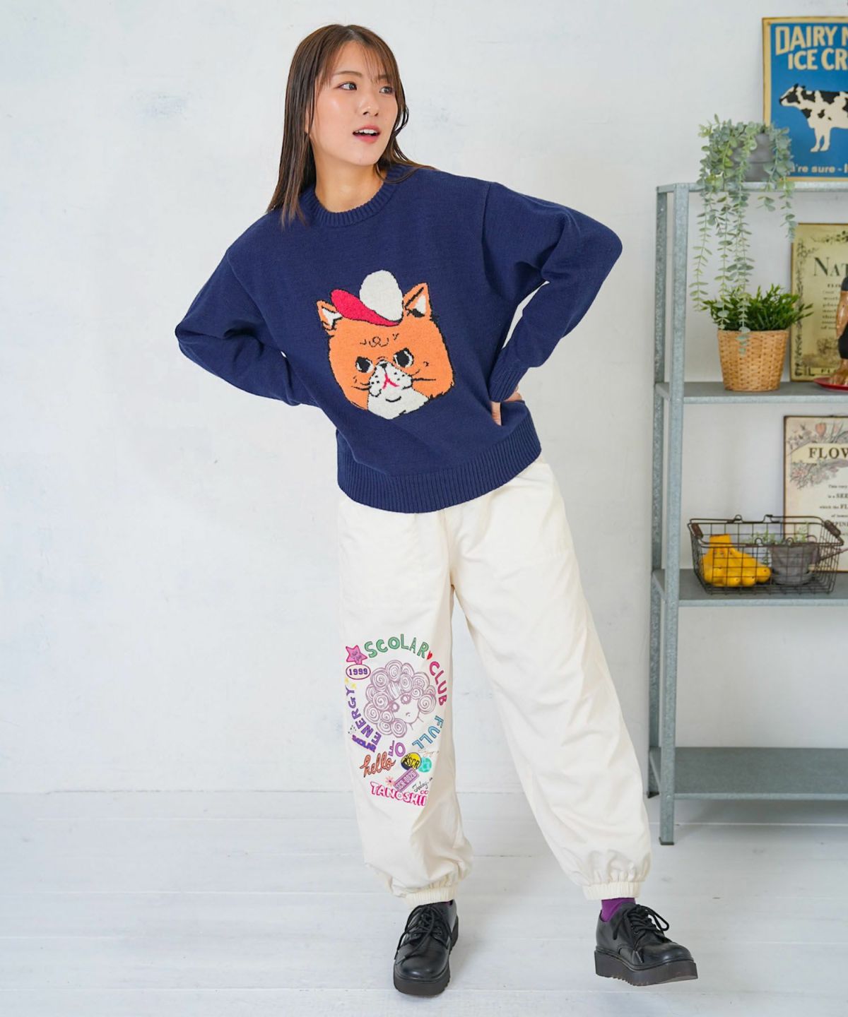 キャップネコ柄ジャガードニットプルオーバー-9