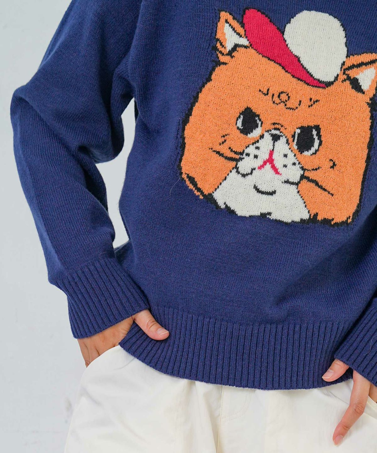 キャップネコ柄ジャガードニットプルオーバー-13