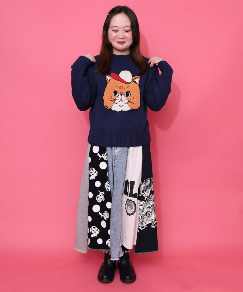 キャップネコ柄ジャガードニットプルオーバー-16