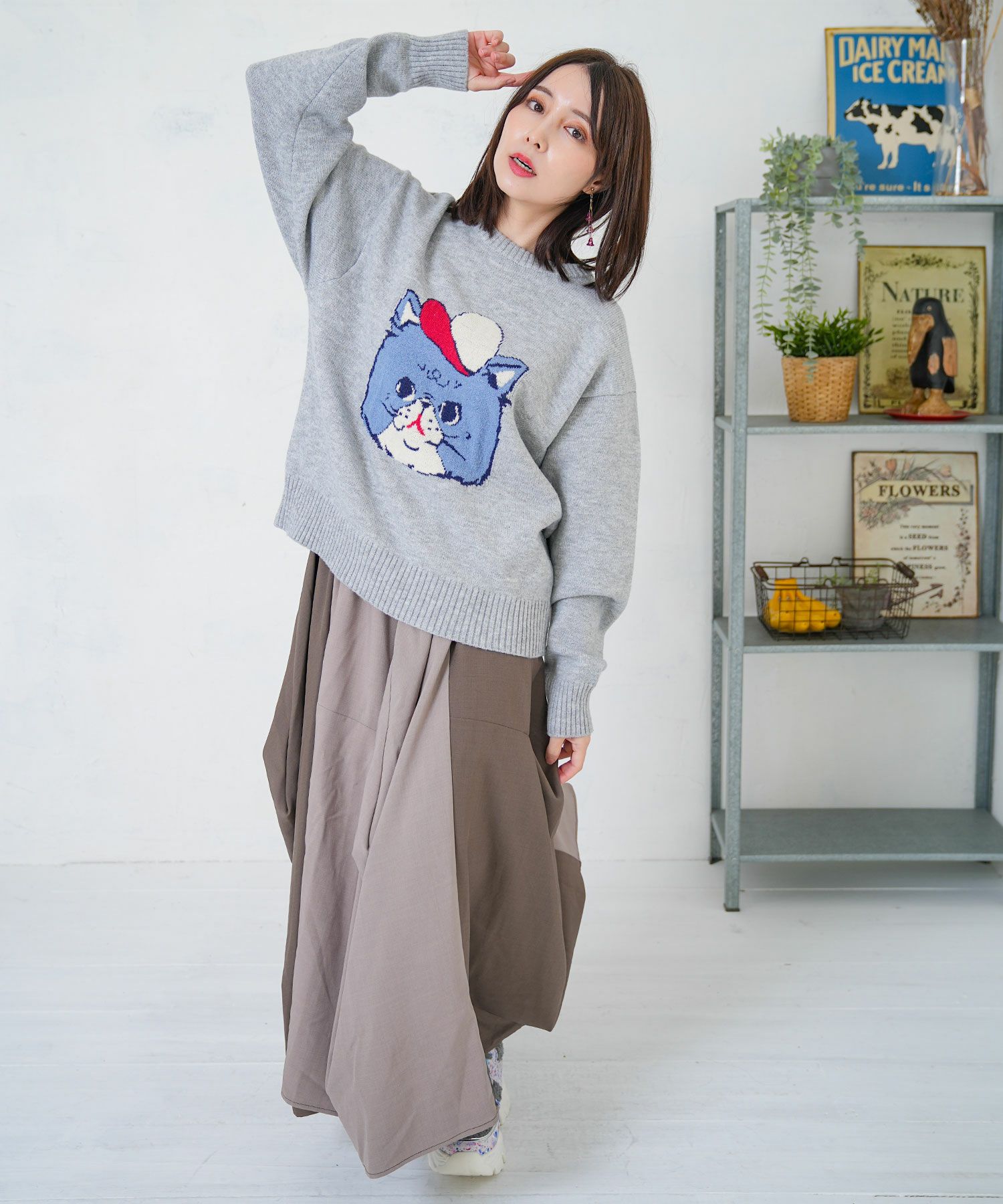 キャップネコ柄ジャガードニットプルオーバー-18