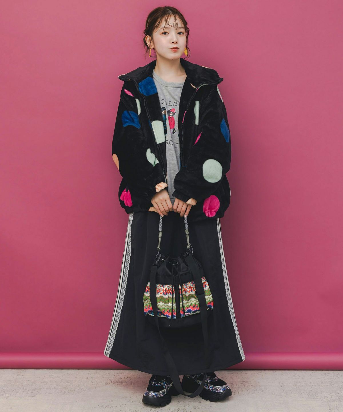 民族風柄配色パラコード付き巾着バッグ-3