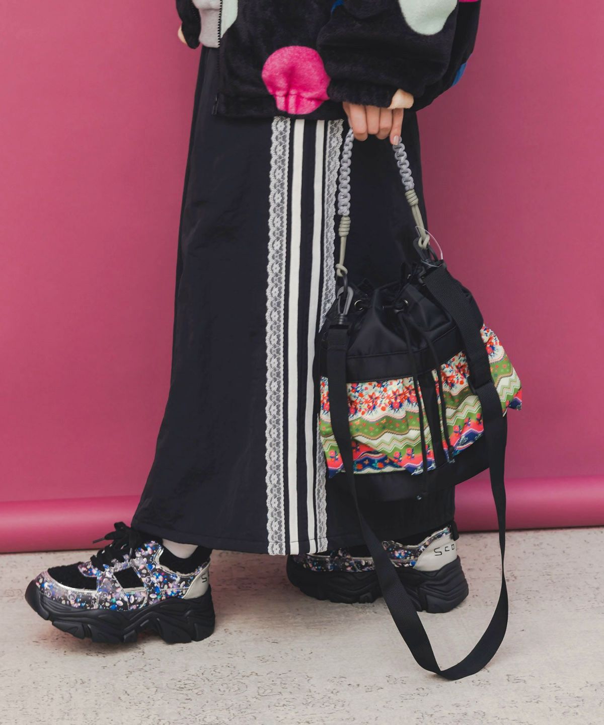 民族風柄配色パラコード付き巾着バッグ-4