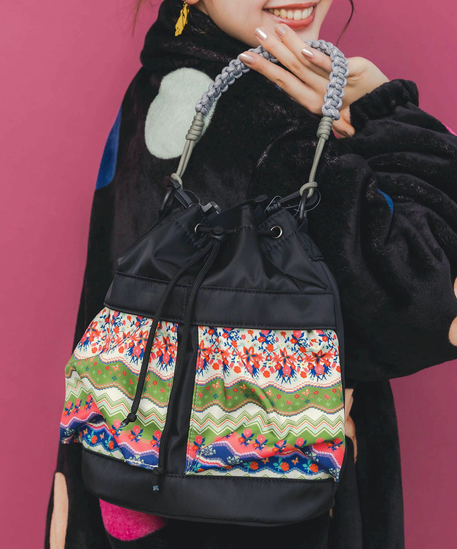 民族風柄配色パラコード付き巾着バッグ-5