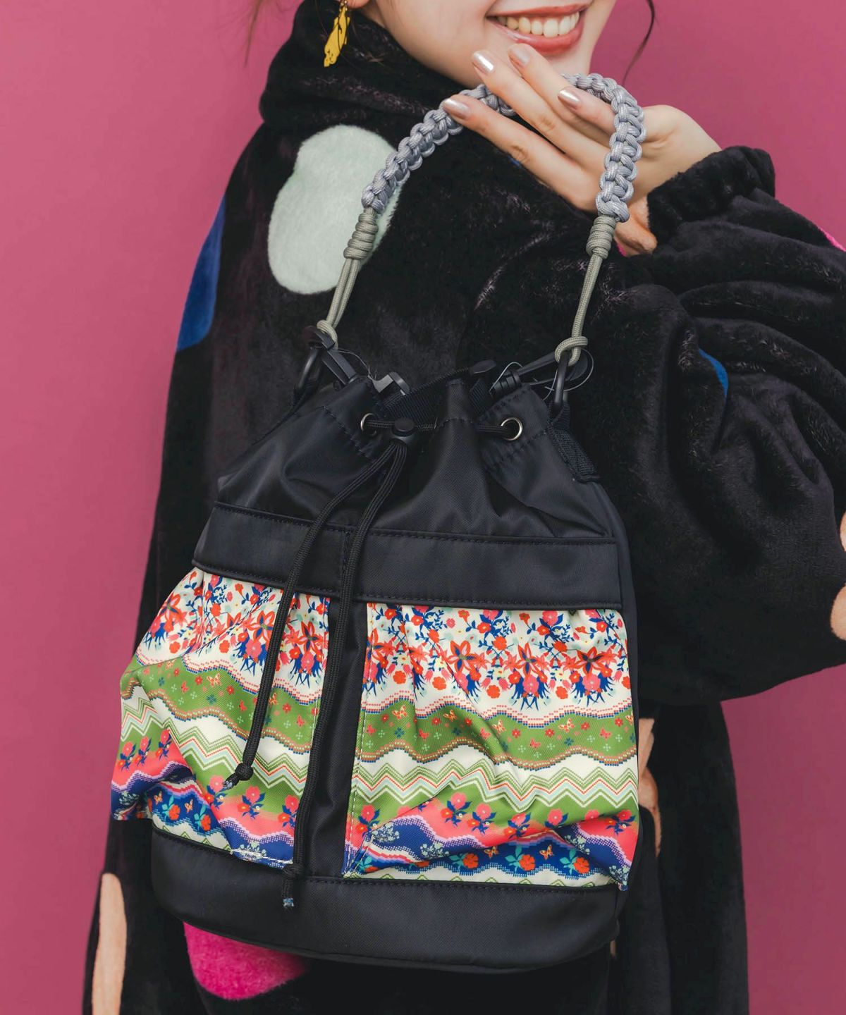 民族風柄配色パラコード付き巾着バッグ-5