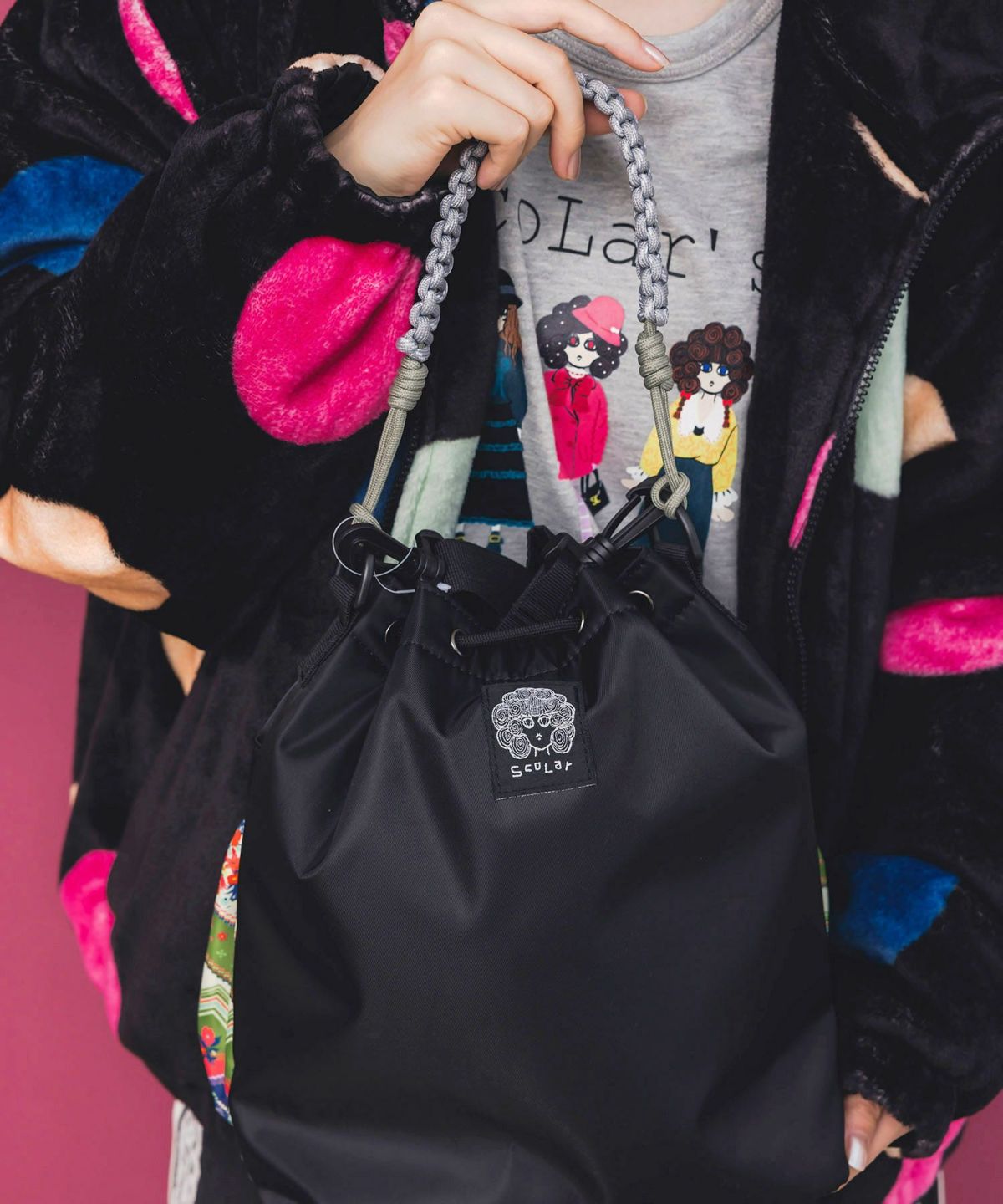 民族風柄配色パラコード付き巾着バッグ-6